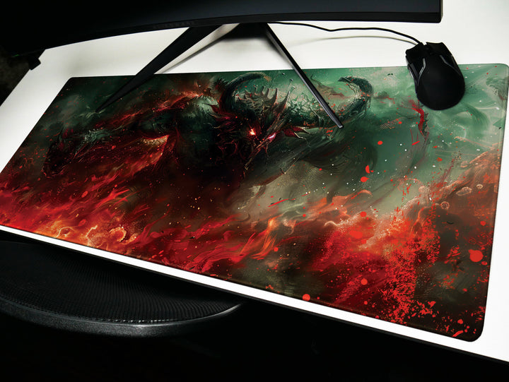 Demonic Inferno Design 2, Desk Pad, Mouse Pad, Desk Mat, Fiery Dark Creature, Red and Green Hues, Fantasy Horror Art