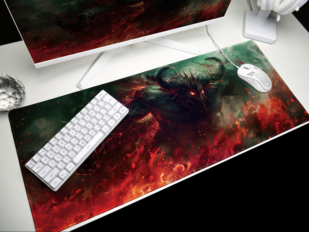 Demonic Inferno Design 2, Desk Pad, Mouse Pad, Desk Mat, Fiery Dark Creature, Red and Green Hues, Fantasy Horror Art