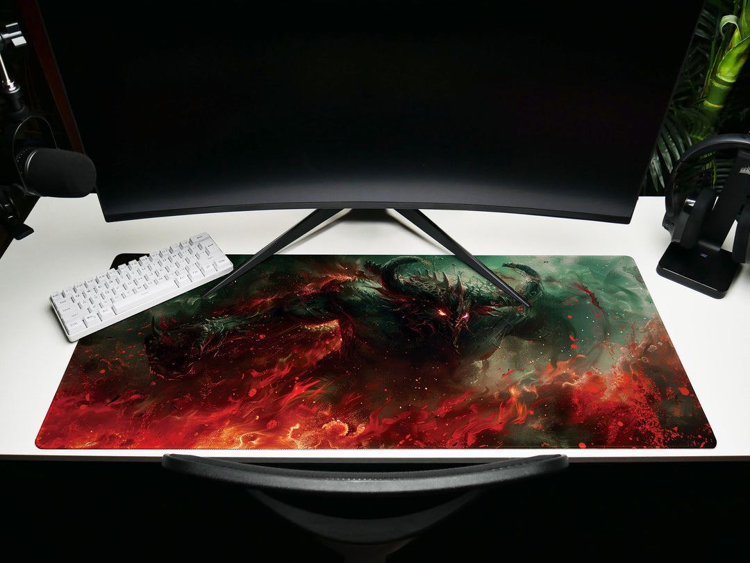 Demonic Inferno Design 2, Desk Pad, Mouse Pad, Desk Mat, Fiery Dark Creature, Red and Green Hues, Fantasy Horror Art