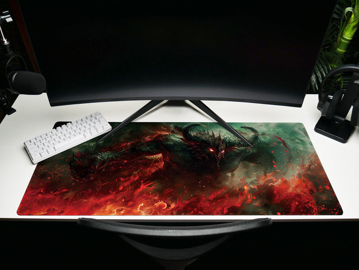 Demonic Inferno Design 2, Desk Pad, Mouse Pad, Desk Mat, Fiery Dark Creature, Red and Green Hues, Fantasy Horror Art
