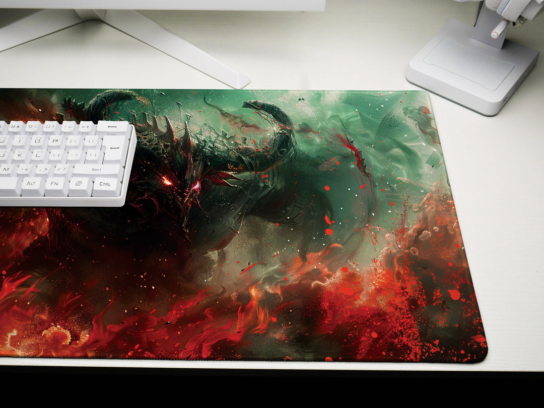 Demonic Inferno Design 2, Desk Pad, Mouse Pad, Desk Mat, Fiery Dark Creature, Red and Green Hues, Fantasy Horror Art
