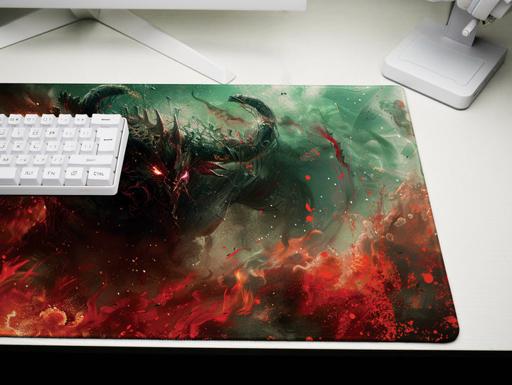 Demonic Inferno Design 2, Desk Pad, Mouse Pad, Desk Mat, Fiery Dark Creature, Red and Green Hues, Fantasy Horror Art