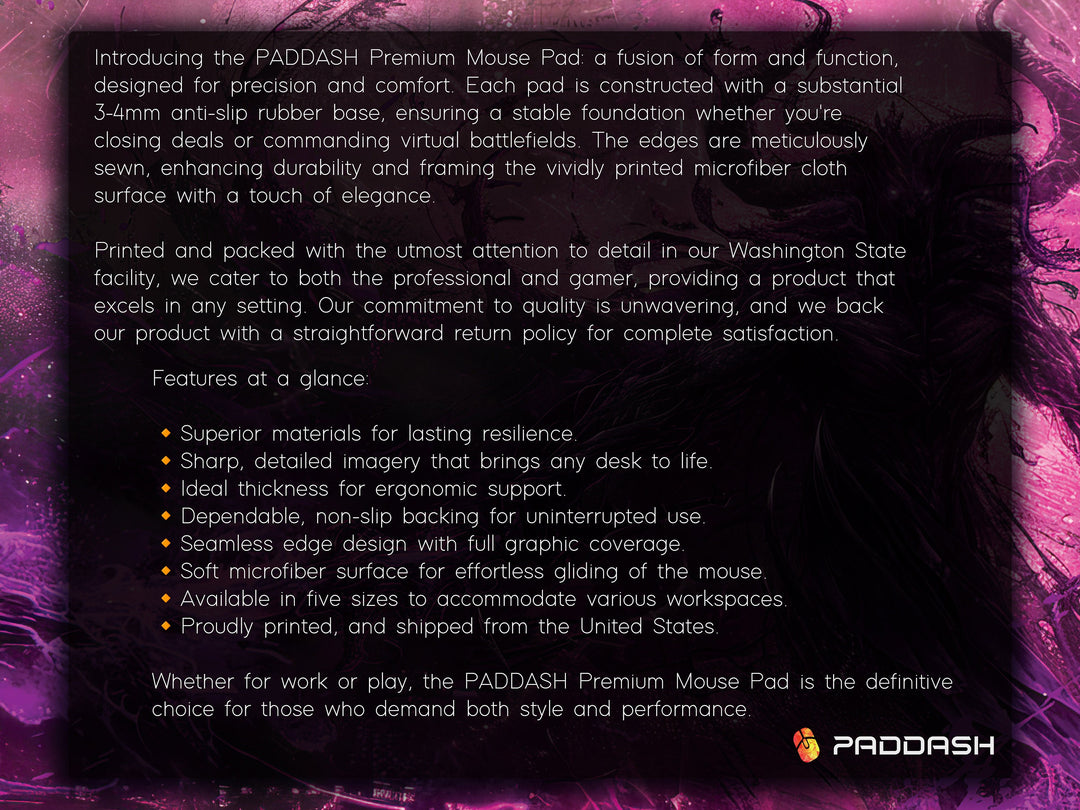 Demonic Inferno Design 3, Desk Pad, Mouse Pad, Desk Mat, Enigmatic Shadow Figure, Purple and Black, Dark Fantasy Illustration