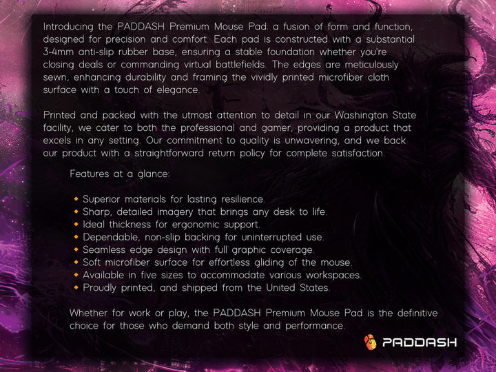 Demonic Inferno Design 3, Desk Pad, Mouse Pad, Desk Mat, Enigmatic Shadow Figure, Purple and Black, Dark Fantasy Illustration
