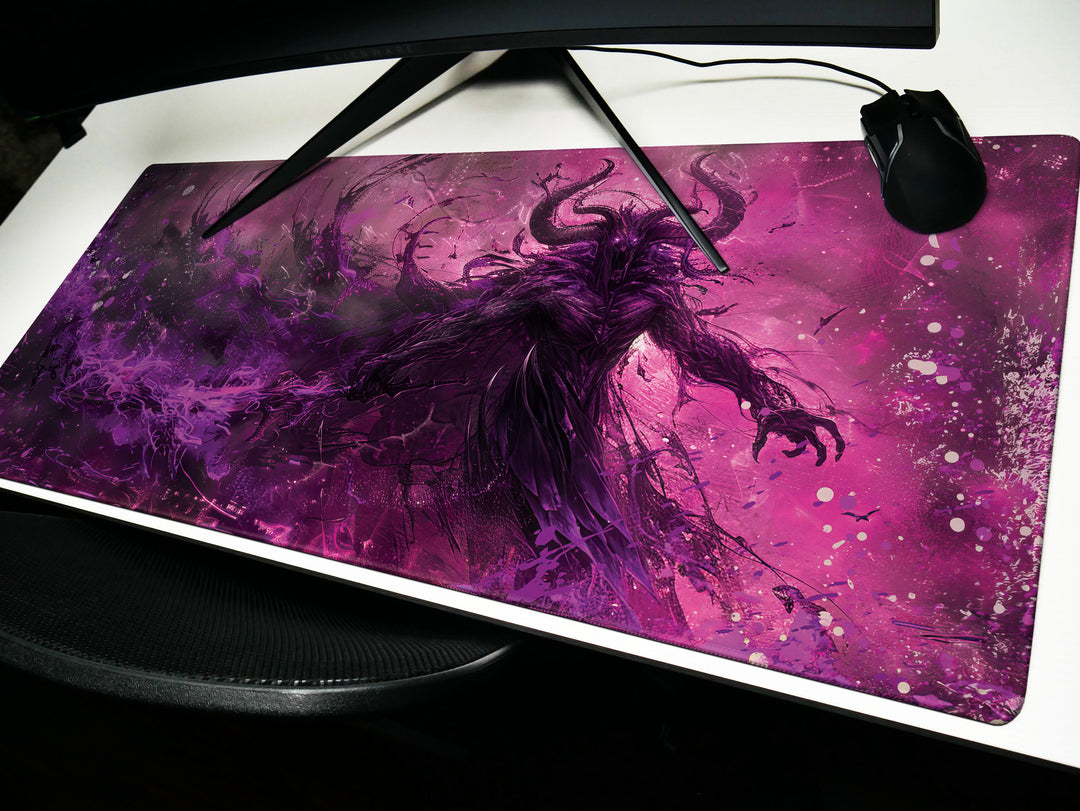 Demonic Inferno Design 3, Desk Pad, Mouse Pad, Desk Mat, Enigmatic Shadow Figure, Purple and Black, Dark Fantasy Illustration