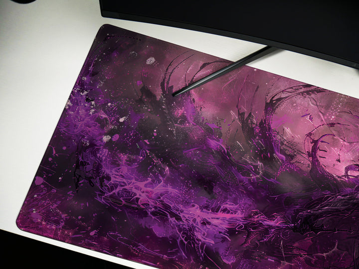 Demonic Inferno Design 3, Desk Pad, Mouse Pad, Desk Mat, Enigmatic Shadow Figure, Purple and Black, Dark Fantasy Illustration