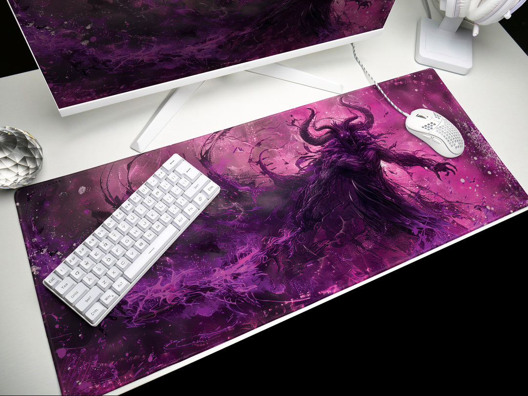 Demonic Inferno Design 3, Desk Pad, Mouse Pad, Desk Mat, Enigmatic Shadow Figure, Purple and Black, Dark Fantasy Illustration