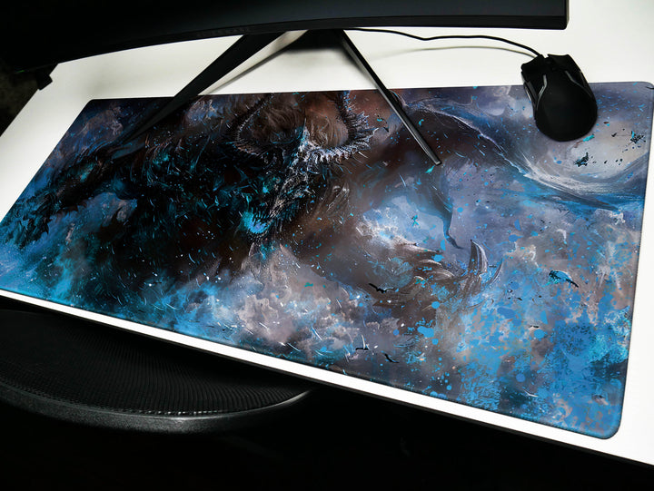 Demonic Inferno Design 4, Desk Pad, Mouse Pad, Desk Mat, Red-Eyed Demon, Teal and Red, Intense Horror Art