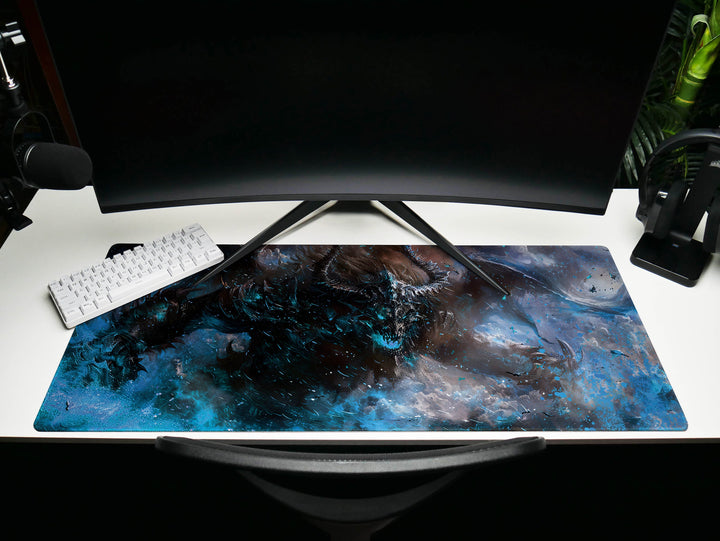 Demonic Inferno Design 4, Desk Pad, Mouse Pad, Desk Mat, Red-Eyed Demon, Teal and Red, Intense Horror Art
