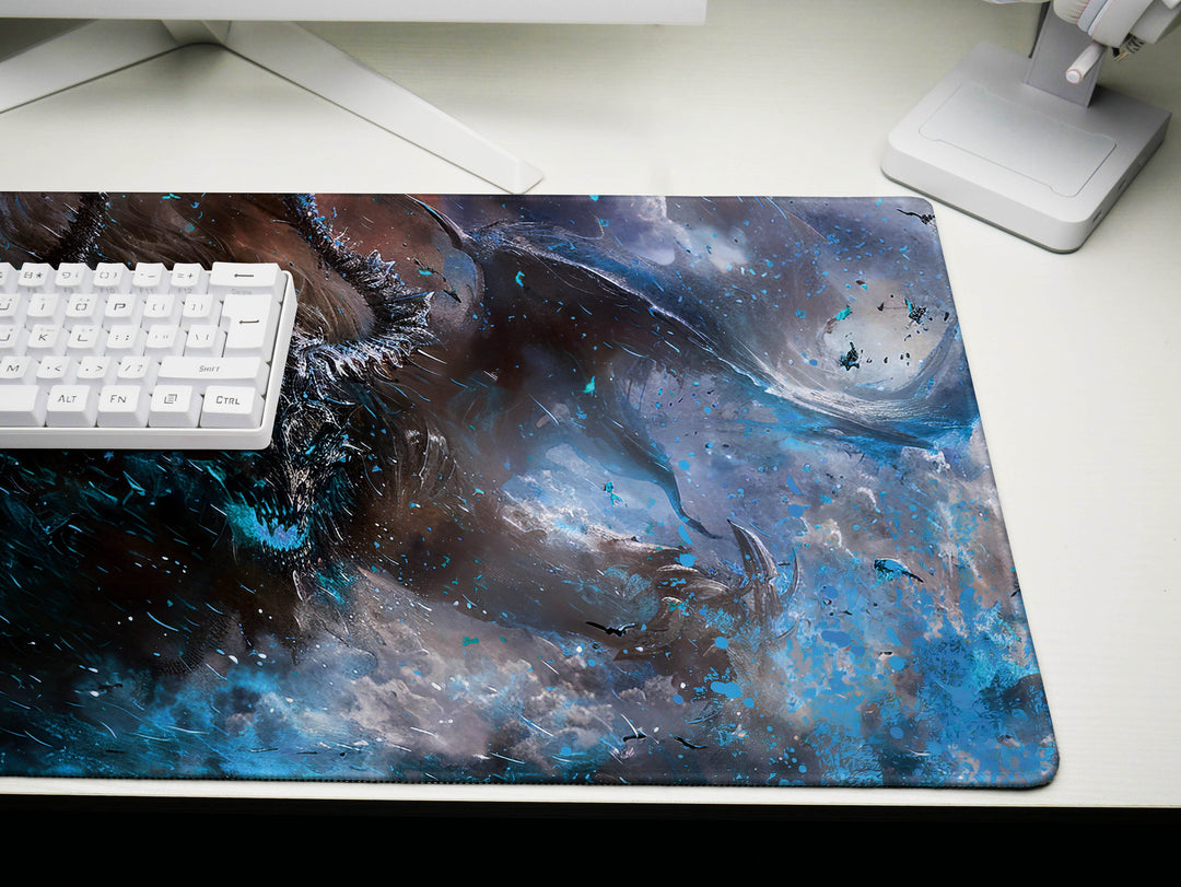 Demonic Inferno Design 4, Desk Pad, Mouse Pad, Desk Mat, Red-Eyed Demon, Teal and Red, Intense Horror Art
