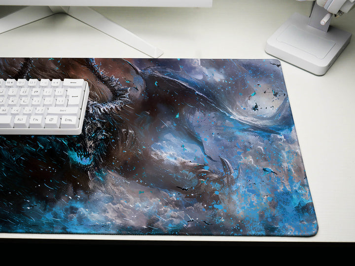 Demonic Inferno Design 4, Desk Pad, Mouse Pad, Desk Mat, Red-Eyed Demon, Teal and Red, Intense Horror Art