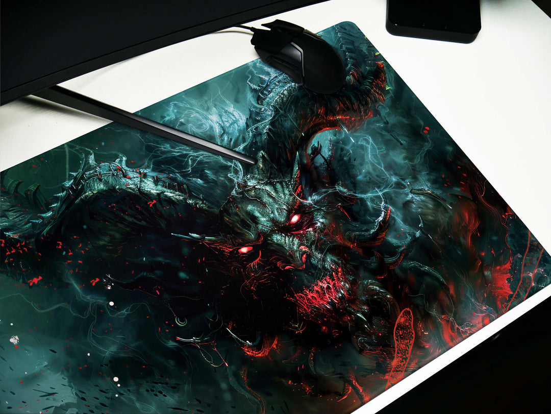 Demonic Inferno Design 5, Desk Pad, Mouse Pad, Desk Mat, Fiery Yellow Demon, Vibrant Hues, Dark Fantasy Scene