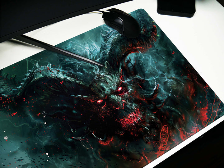 Demonic Inferno Design 5, Desk Pad, Mouse Pad, Desk Mat, Fiery Yellow Demon, Vibrant Hues, Dark Fantasy Scene