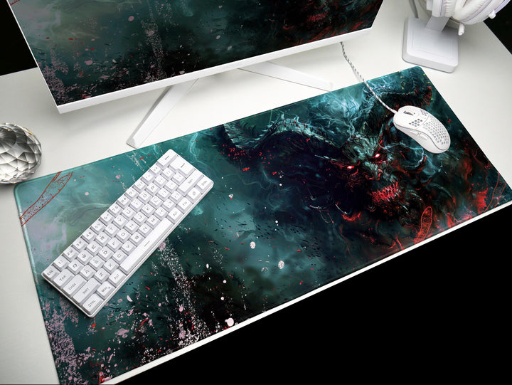 Demonic Inferno Design 5, Desk Pad, Mouse Pad, Desk Mat, Fiery Yellow Demon, Vibrant Hues, Dark Fantasy Scene