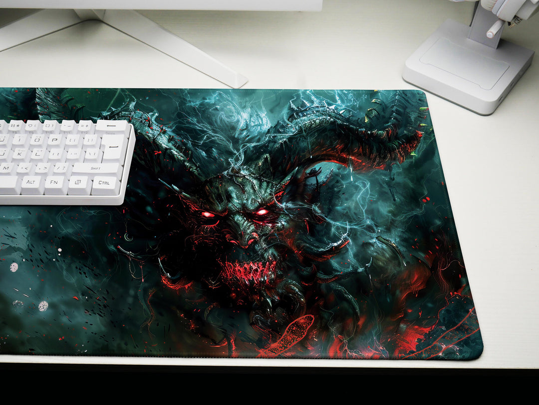Demonic Inferno Design 5, Desk Pad, Mouse Pad, Desk Mat, Fiery Yellow Demon, Vibrant Hues, Dark Fantasy Scene