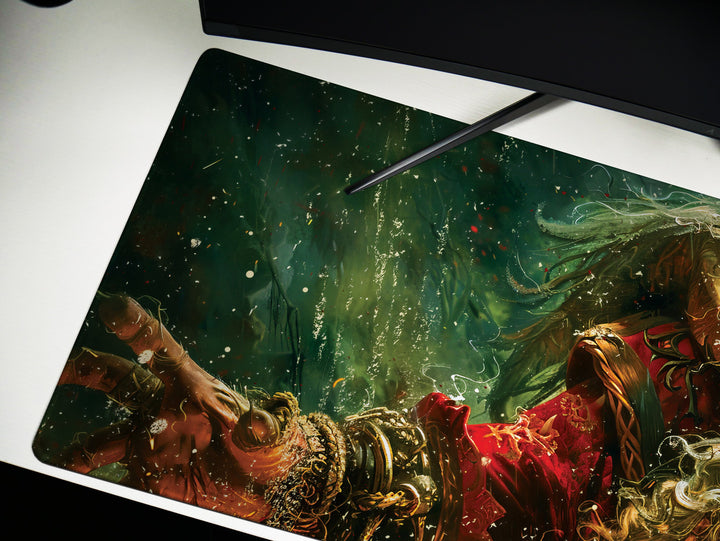 Ancient Forest Shaman, Desk Pad, Mouse Pad, Desk Mat, Elder Elf, Enchanted Woods, Mystical Artwork, Vibrant Red and Green