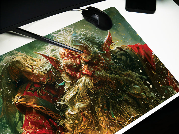 Ancient Forest Shaman, Desk Pad, Mouse Pad, Desk Mat, Elder Elf, Enchanted Woods, Mystical Artwork, Vibrant Red and Green
