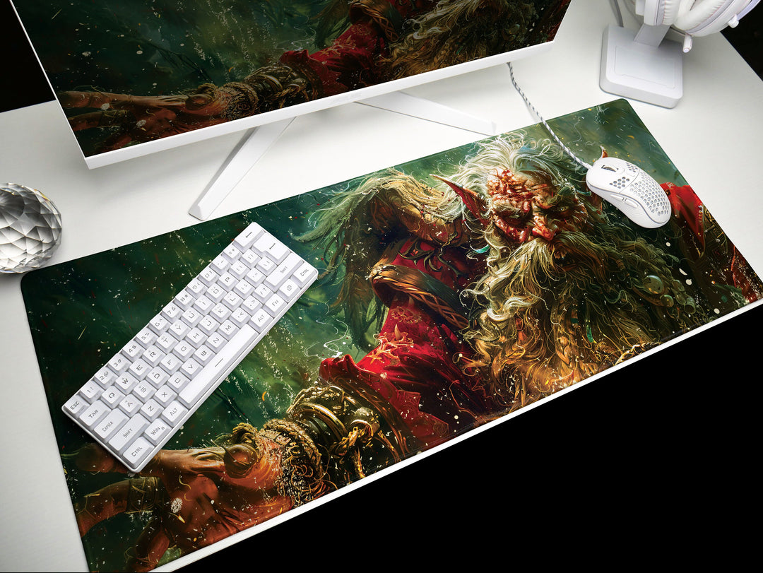 Ancient Forest Shaman, Desk Pad, Mouse Pad, Desk Mat, Elder Elf, Enchanted Woods, Mystical Artwork, Vibrant Red and Green