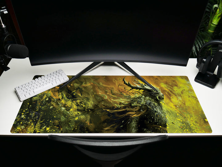 Shadowy Woodland Sentinel, Desk Pad, Mouse Pad, Desk Mat, Mysterious Figure, Golden Yellow and Dark Green, Ethereal Guardian