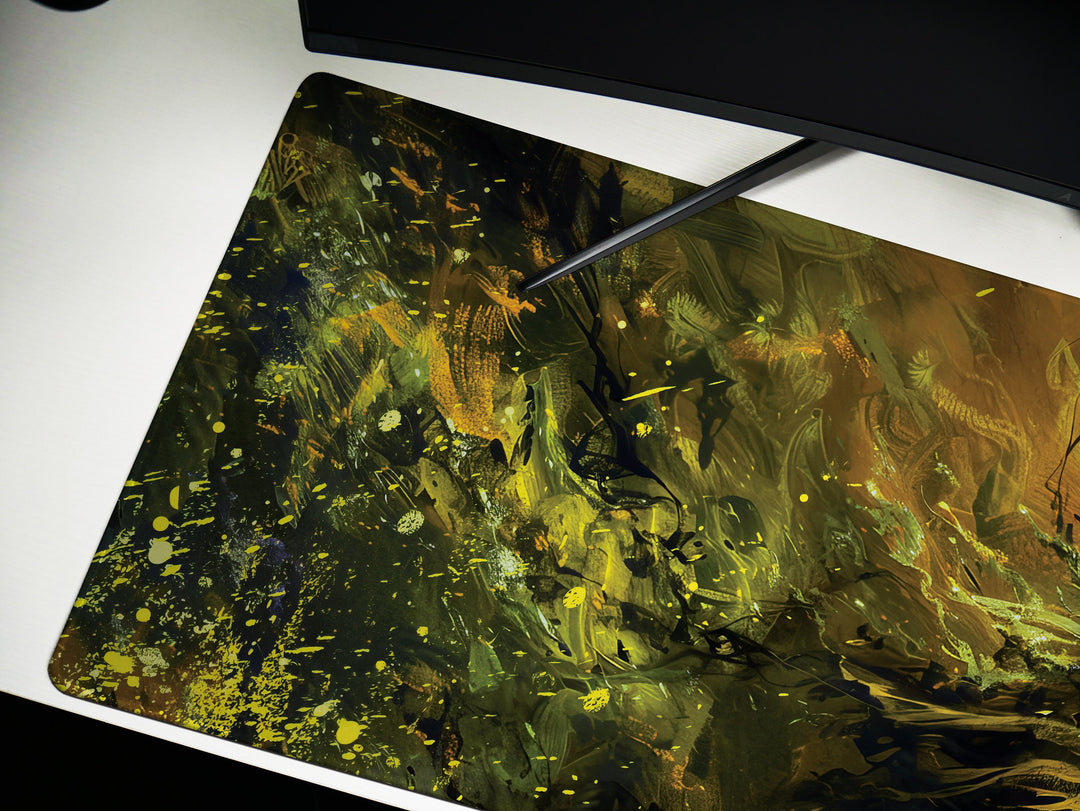 Shadowy Woodland Sentinel, Desk Pad, Mouse Pad, Desk Mat, Mysterious Figure, Golden Yellow and Dark Green, Ethereal Guardian