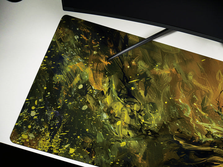Shadowy Woodland Sentinel, Desk Pad, Mouse Pad, Desk Mat, Mysterious Figure, Golden Yellow and Dark Green, Ethereal Guardian
