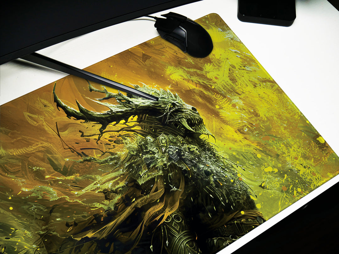 Shadowy Woodland Sentinel, Desk Pad, Mouse Pad, Desk Mat, Mysterious Figure, Golden Yellow and Dark Green, Ethereal Guardian