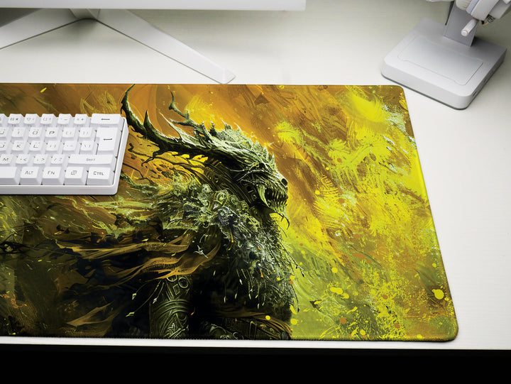 Shadowy Woodland Sentinel, Desk Pad, Mouse Pad, Desk Mat, Mysterious Figure, Golden Yellow and Dark Green, Ethereal Guardian