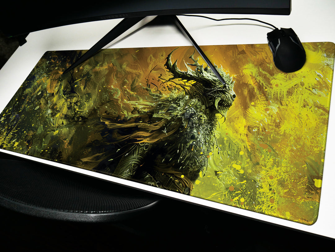 Shadowy Woodland Sentinel, Desk Pad, Mouse Pad, Desk Mat, Mysterious Figure, Golden Yellow and Dark Green, Ethereal Guardian
