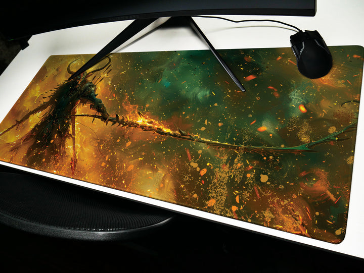 Fiery Battle Mage, Desk Pad, Mouse Pad, Desk Mat, Infernal Warrior, Flaming Spear, Intense Orange and Green, Dynamic Fantasy Art