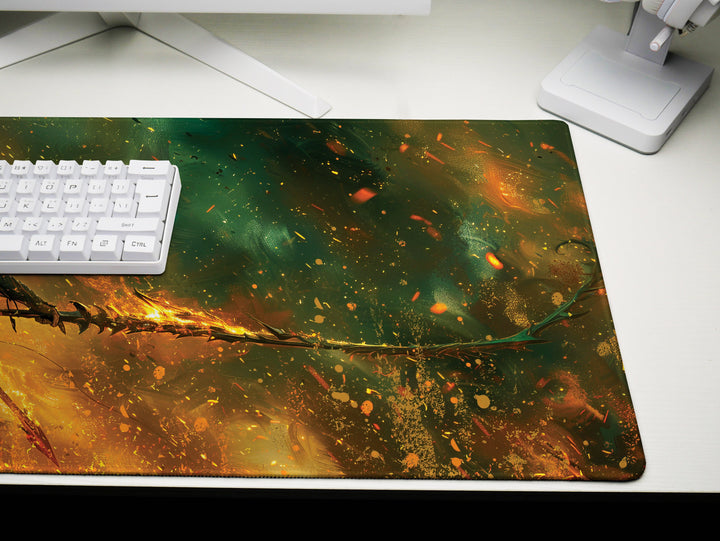 Fiery Battle Mage, Desk Pad, Mouse Pad, Desk Mat, Infernal Warrior, Flaming Spear, Intense Orange and Green, Dynamic Fantasy Art