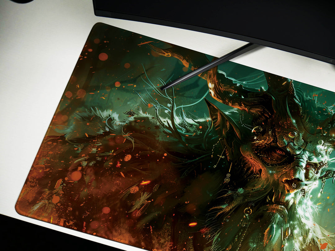 Ethereal Forest King, Desk Pad, Mouse Pad, Desk Mat, Majestic Antlered Elf, Mystical Green and Orange, Enchanted Realm Art