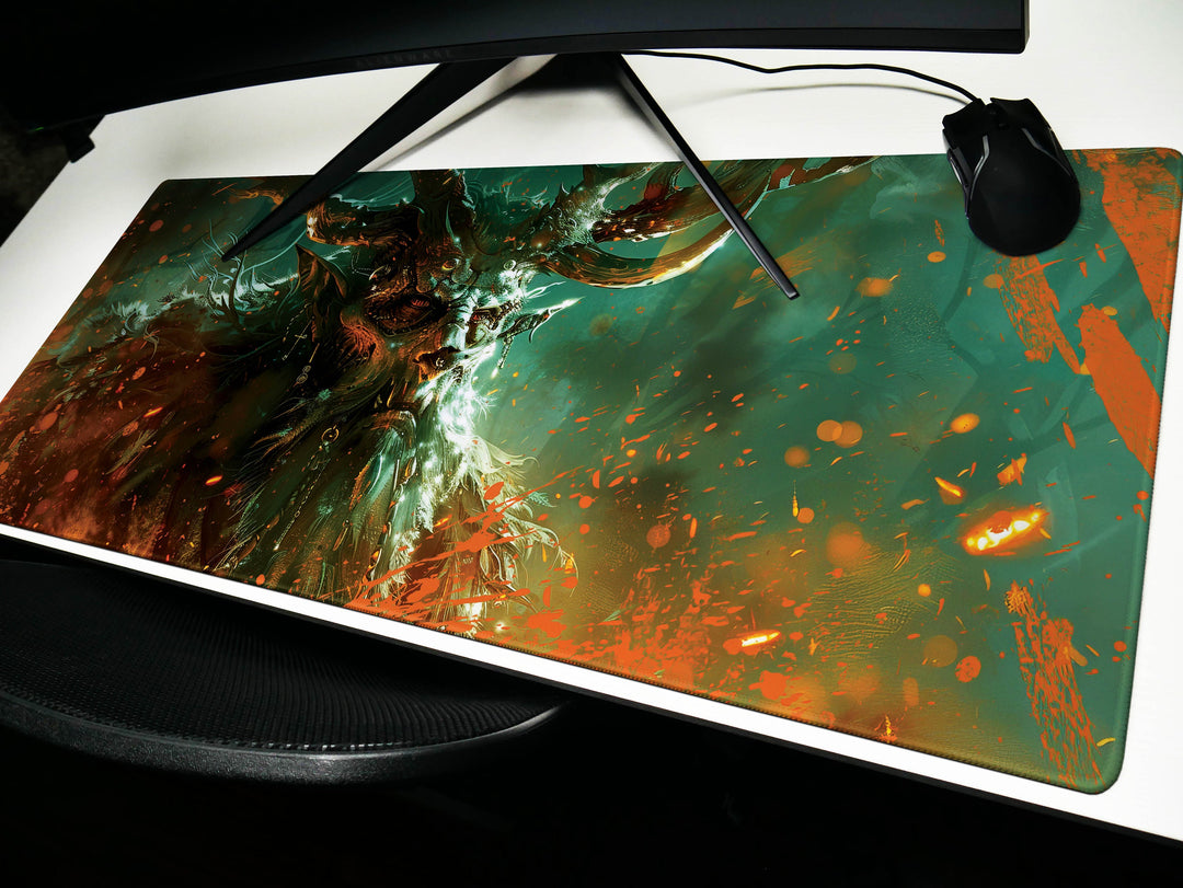 Ethereal Forest King, Desk Pad, Mouse Pad, Desk Mat, Majestic Antlered Elf, Mystical Green and Orange, Enchanted Realm Art