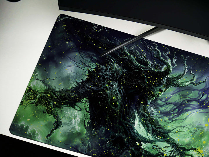 Spectral Enchanter, Desk Pad, Mouse Pad, Desk Mat, Ghostly Figure, Eerie Green and Black, Dark Fantasy Art, Enigmatic Presence