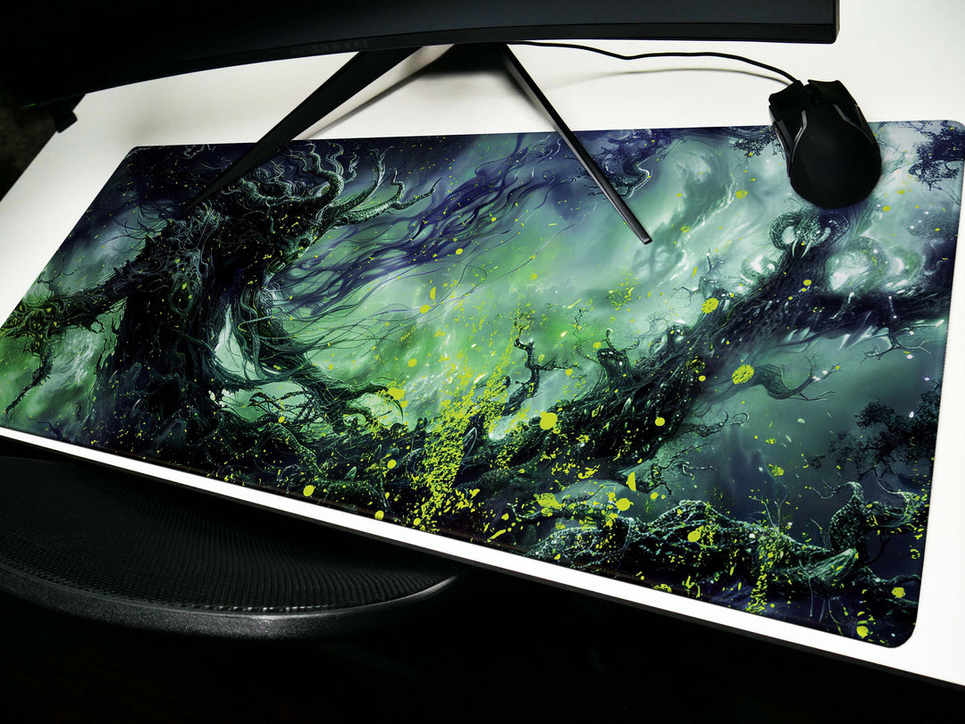 Spectral Enchanter, Desk Pad, Mouse Pad, Desk Mat, Ghostly Figure, Eerie Green and Black, Dark Fantasy Art, Enigmatic Presence