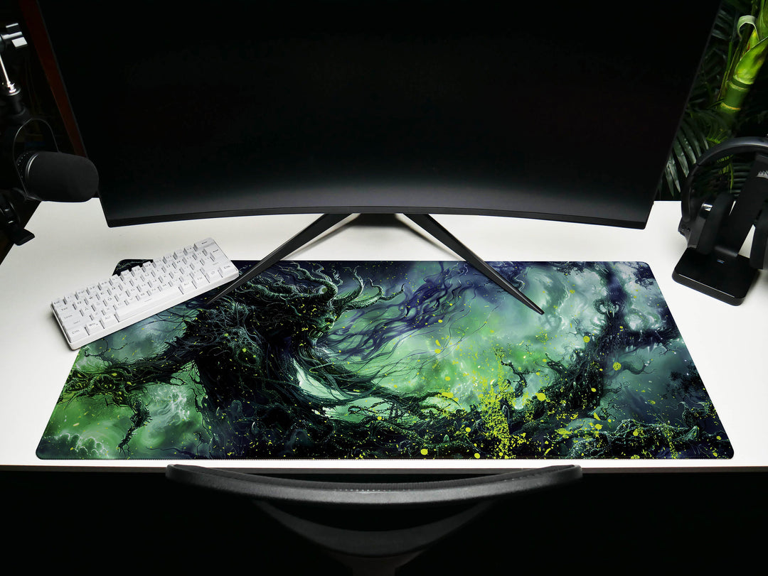 Spectral Enchanter, Desk Pad, Mouse Pad, Desk Mat, Ghostly Figure, Eerie Green and Black, Dark Fantasy Art, Enigmatic Presence