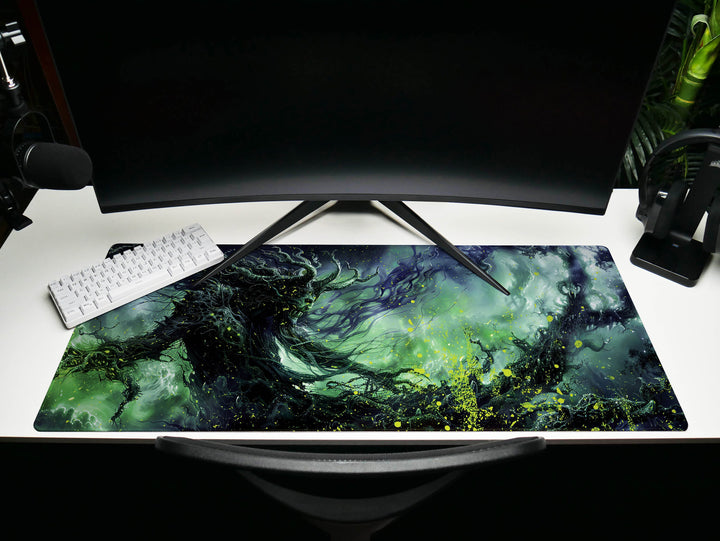 Spectral Enchanter, Desk Pad, Mouse Pad, Desk Mat, Ghostly Figure, Eerie Green and Black, Dark Fantasy Art, Enigmatic Presence