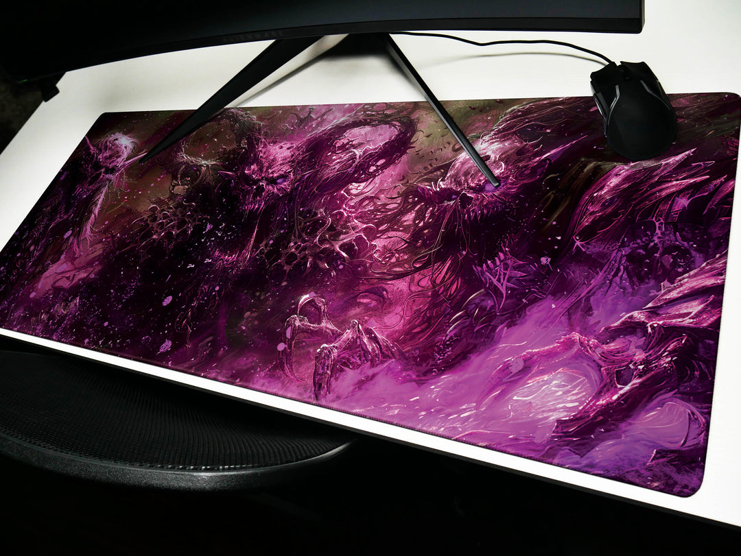 Demonic Triad, Desk Pad, Mouse Pad, Desk Mat, Sinister Purple and Black, Three-Headed Monster, Intense Fantasy Artwork