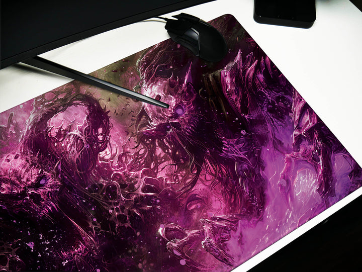 Demonic Triad, Desk Pad, Mouse Pad, Desk Mat, Sinister Purple and Black, Three-Headed Monster, Intense Fantasy Artwork