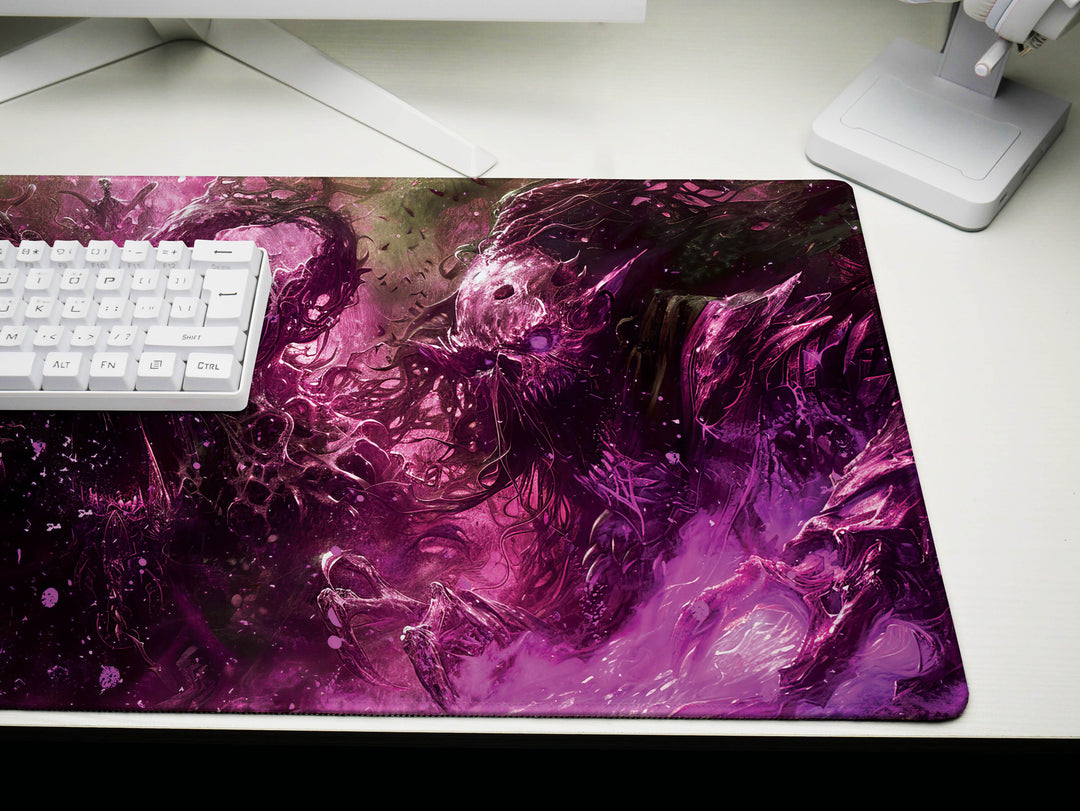 Demonic Triad, Desk Pad, Mouse Pad, Desk Mat, Sinister Purple and Black, Three-Headed Monster, Intense Fantasy Artwork