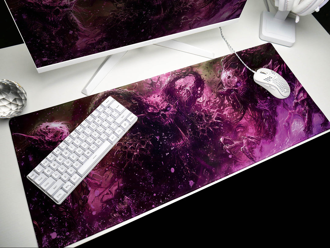 Demonic Triad, Desk Pad, Mouse Pad, Desk Mat, Sinister Purple and Black, Three-Headed Monster, Intense Fantasy Artwork