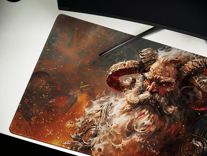 Infernal Warlord, Desk Pad, Mouse Pad, Desk Mat, Fiery Horned Beast, Fantasy Artwork, Warrior's Fury, Dark Mythology