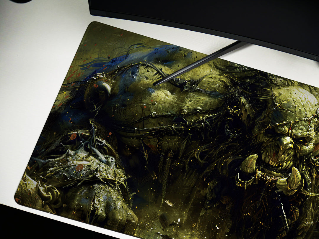 Savage Orc Warlord, Desk Pad, Mouse Pad, Desk Mat, Green-Skinned Brute, War-Torn Battleground, Epic Fantasy, Orc Warrior