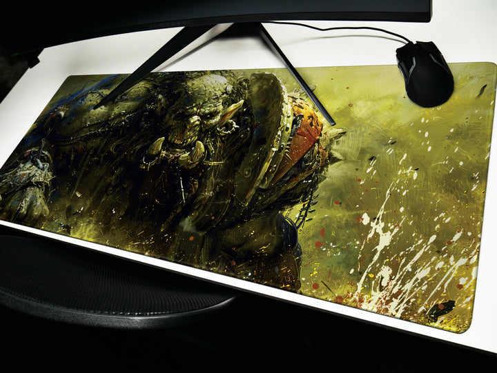 Savage Orc Warlord, Desk Pad, Mouse Pad, Desk Mat, Green-Skinned Brute, War-Torn Battleground, Epic Fantasy, Orc Warrior
