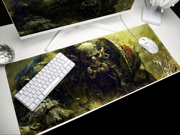 Savage Orc Warlord, Desk Pad, Mouse Pad, Desk Mat, Green-Skinned Brute, War-Torn Battleground, Epic Fantasy, Orc Warrior