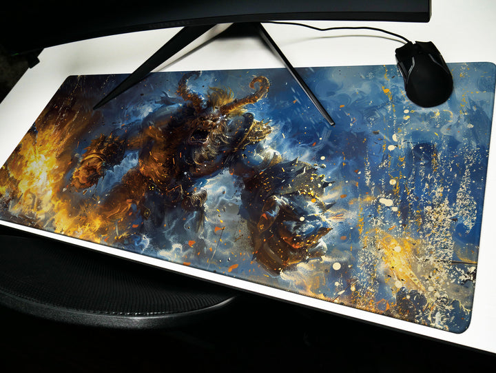 Molten Fury Beast, Desk Pad, Mouse Pad, Desk Mat, Fiery Giant, Lava-Infused Armor, Fantasy Battle, Unleashed Power