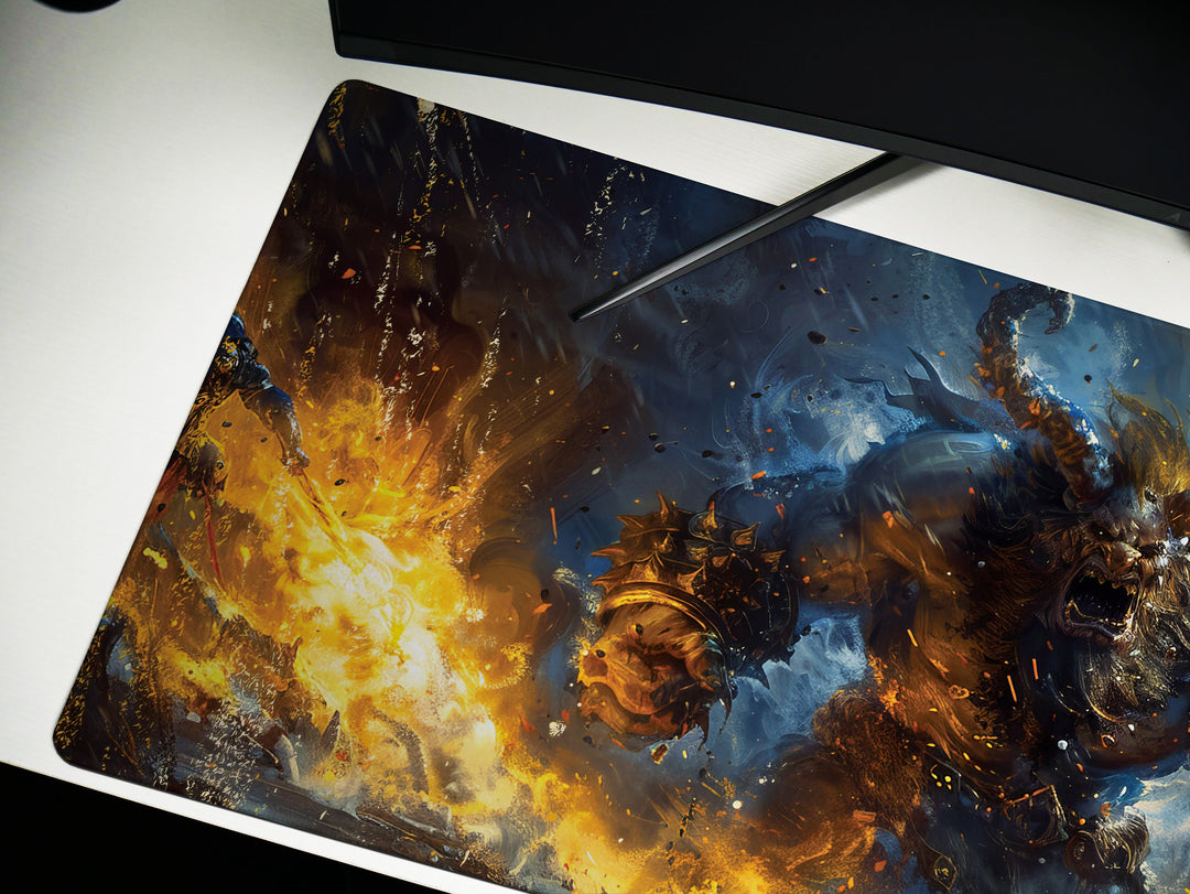 Molten Fury Beast, Desk Pad, Mouse Pad, Desk Mat, Fiery Giant, Lava-Infused Armor, Fantasy Battle, Unleashed Power