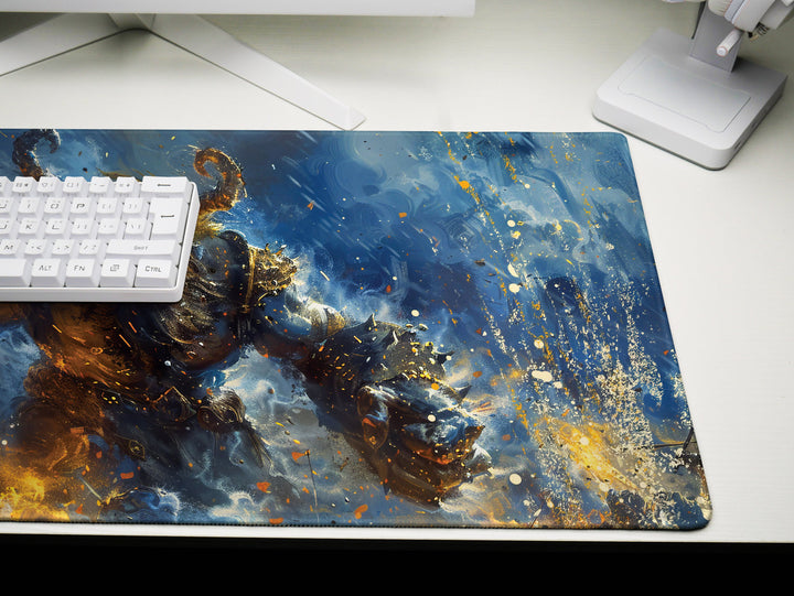 Molten Fury Beast, Desk Pad, Mouse Pad, Desk Mat, Fiery Giant, Lava-Infused Armor, Fantasy Battle, Unleashed Power