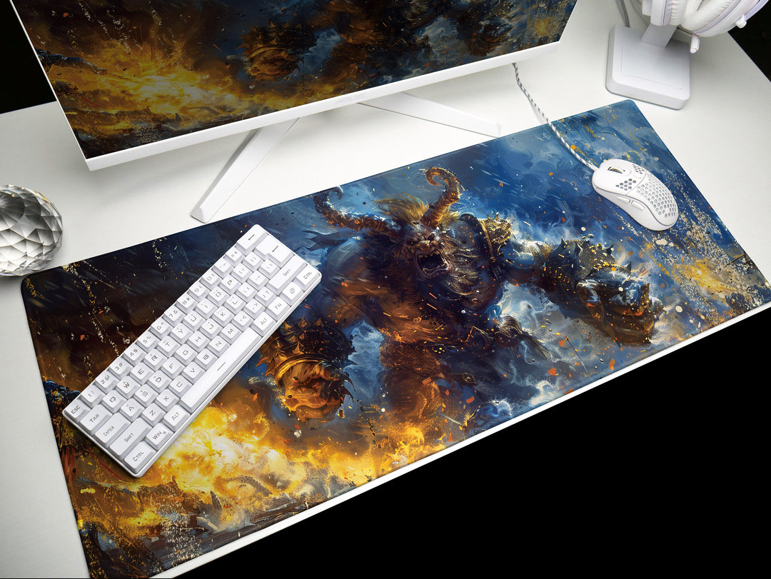 Molten Fury Beast, Desk Pad, Mouse Pad, Desk Mat, Fiery Giant, Lava-Infused Armor, Fantasy Battle, Unleashed Power
