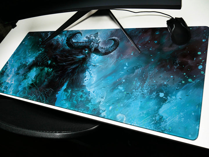 Frostbound Titan, Desk Pad, Mouse Pad, Desk Mat, Icy Mythical Creature, Arctic Fury, Fantasy Warrior, Frozen Power