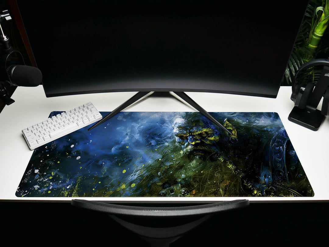 Shadowed Dwarf Champion, Desk Pad, Mouse Pad, Desk Mat, Mystic Blue Aura, Fantasy Warrior, Ancient Defender, Dark Magic